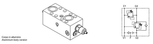Single effect OVERCENTER valve with brake unclamping and antishock valve, flangeable to Sae 1