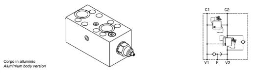 Single effect OVERCENTER valve with brake unclamping and antishock valve, flangeable to Sae 1