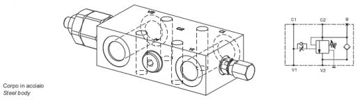 Valvola overcentre semplice effetto in linea, centro chiuso - acciaio